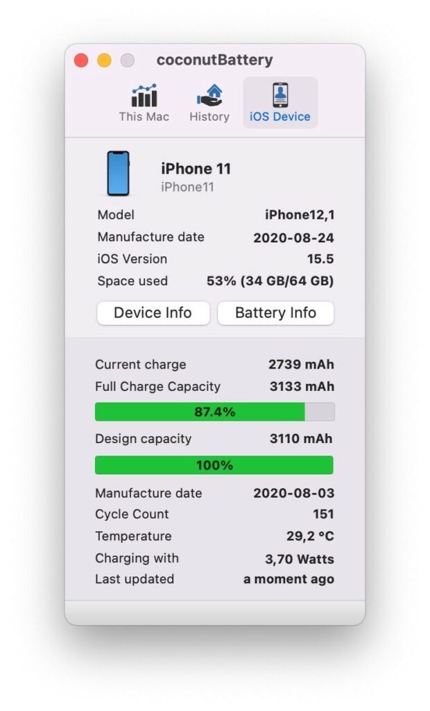 coconutBattery - Batteriezustand eines iPhone 11