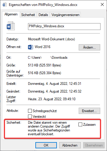 Windows Datei-Eigenschaften Sicherheit